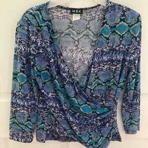 Blue sequined snakeskin print wrap front blouse